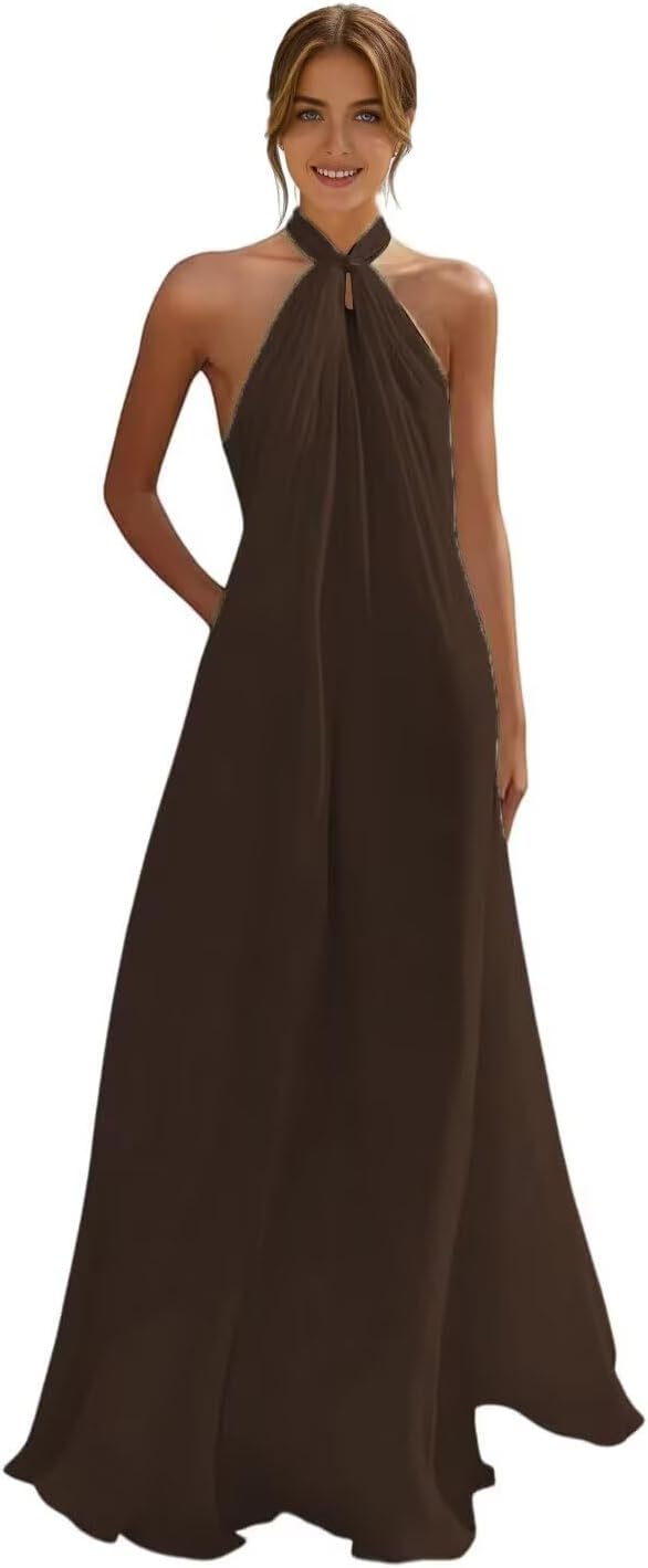 Halter Bridesmaid Dresses with Pockets for Women Long Chiffon Formal Dress A Line Pleated Evening Party Gowns DR30
