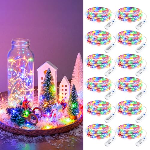 Image of Minetom 12 Pack Multicolor Battery Operated Fairy String Lights 8 Modes | 7ft 20LED Waterproof Silver Wire Twinkle Lights, Firefly Starry Moon Lights for Mason Jars DIY Christmas Wedding Part