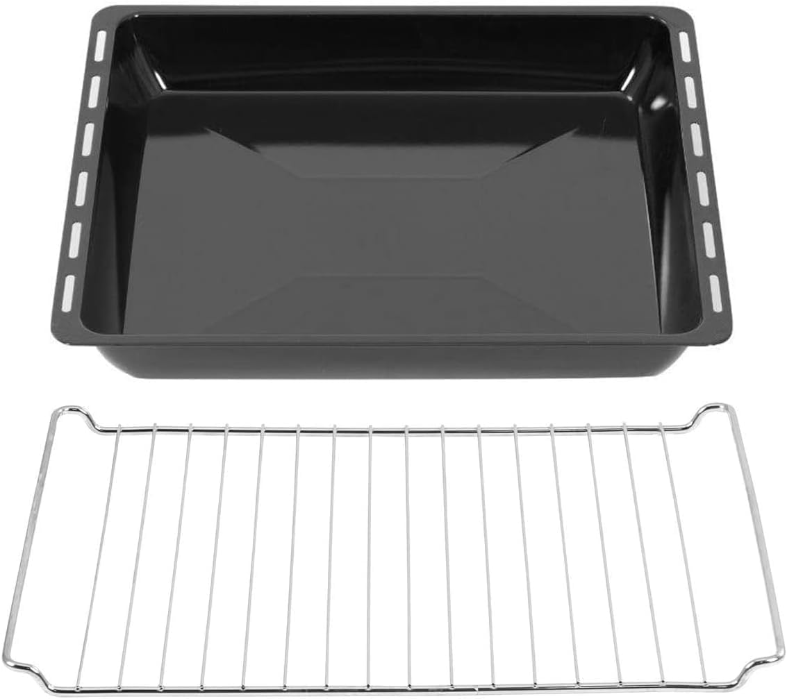 ICQN 45.5 x 37.5 cm Baking Trays & Grid Set, 6 cm Deep Enamelled Grease Pan and Chrome-Plated Oven Rack for Oven and Hob, Scratch-Resistant and Rustproof, 455 x 375 x 60 mm