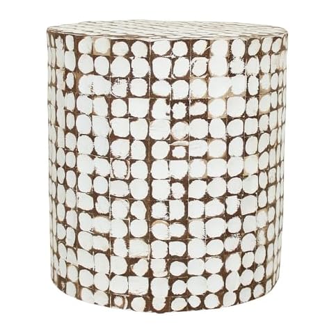 East at Main Round Coconut Shell Side Table - Boho Accent Table, Rustic Natural Wood Mosaic Inlaid, White Coastal Decor, Pre-Assembled End Table with Patina Finish, Unique Living Room Furniture Cover