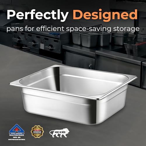 Image of HS Stainless Steel GN Pan Half Size 1 /2 200mm Depth 11L Capacity Anti-Jam Design 100% BIS Certified Raw Material European Standard Made in India 32.5 x 26.5 x 20 cm Professional Kitchen Grade