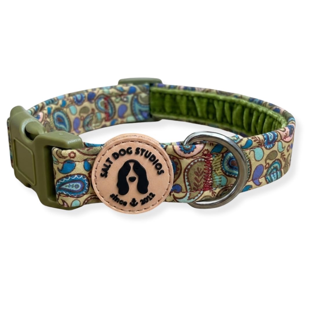 Bohemian Dog Collar – Adjustable Velvet Lined Dog Collar for Small, Medium, Large & Extra Large Dogs – Soft Comfortable Fabric Collar by Salt Dog Studios (Paisley, Large)