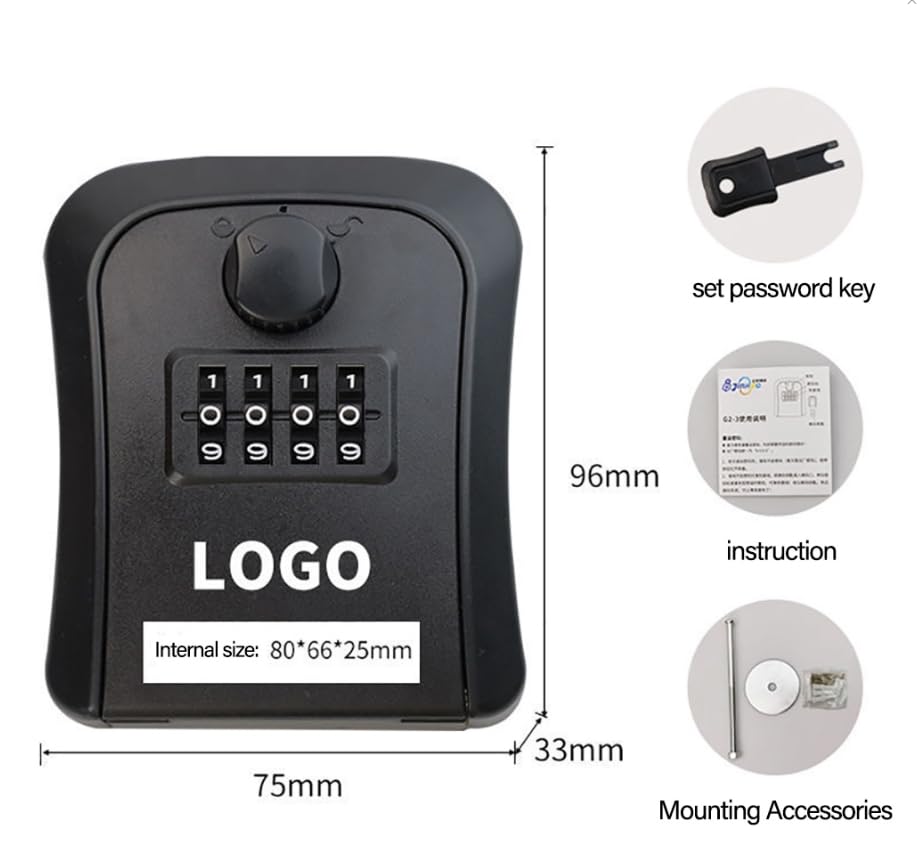 Cerradura Llave Caja Fuerte, Caja de Seguridad con contraseña y combinación de 4 dígitos for Pared, Multicolor, 96 x 75 x 33 mm(Black)