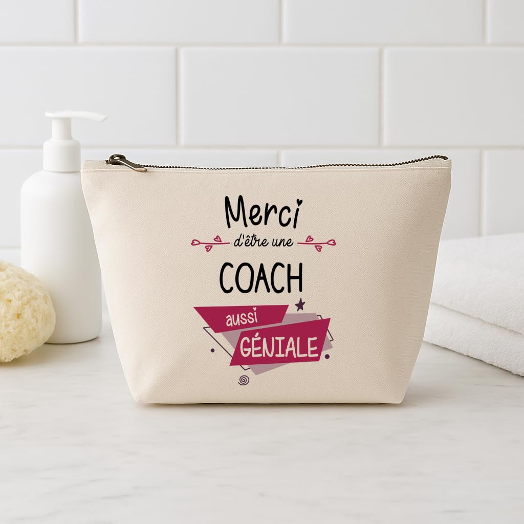 Trousse Merci Coach géniale | Idée Cadeau Collègue Travail Retraite Pochette Maquillage Toilette