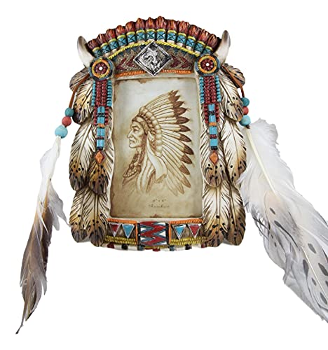 Ebros Gift Ebros Pack Of 2 Southwest Native American Indian Headdress And Alpha Wolf Dreamcatcher With Beaded Lace Eagle Feathers And Turquoise Gems Wall Or Desktop Easel Back 4X6 Photo Picture Frames Figurines thumb #8