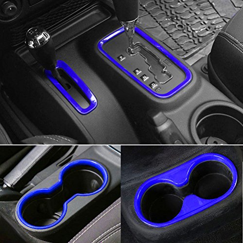 E-cowlboy 4PCS Interior Accessories Decoration Cover Trim Kit Front+Rear Water Cup Holder Trim Gear Shift Box Trim Transfer Case Trim for Jeep Wrangler JK JKU 2011-2018 4-Door (Blue)