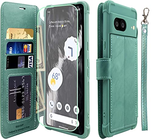 VANAVAGY Wallet Case for Google Pixel 7 5G Case with RFID Blocking Card Holder PU Leather Flip Phone Cover with Strap for Wireless Charging with Screen Protector for Women Men Forest Green