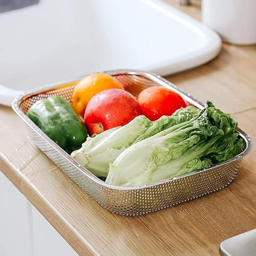 Image of Large Stainless Steel Colander Strainer, 6 Quart Mesh Vegetable Washing Basket, Rectangle Drainer Sink Basket for Vegetable Fruit Food (15 inch x 11 inch x 2.6 inch)