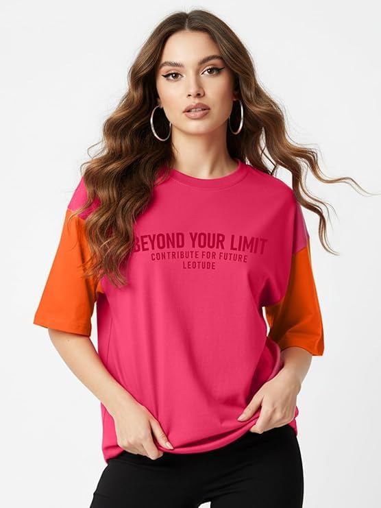 Image of LEOTUDE Half Sleeve Round Neck Tshirt for Women, Oversized Longline