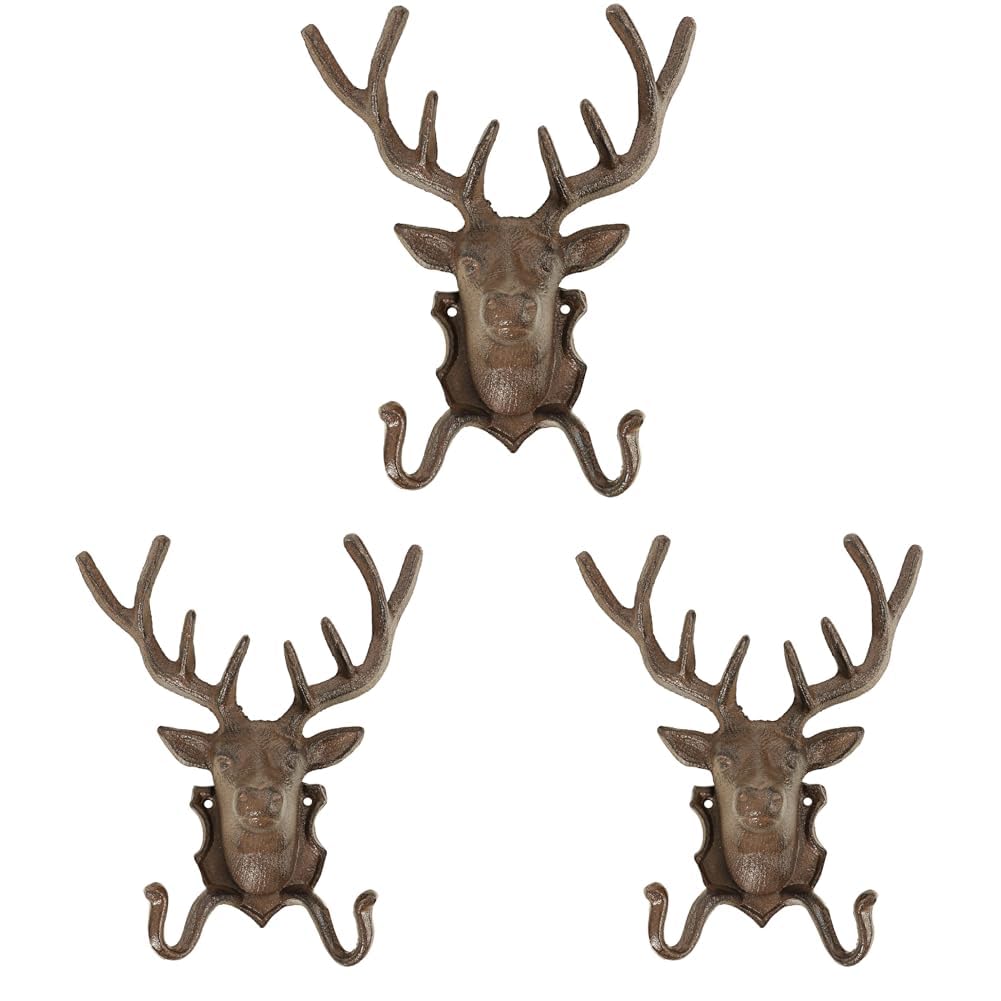 Dehner Hirsch mit 2 Haken nostalgisch, ca. 26 x 21.5 x 10.5 cm, Gusseisen, edelrostfarben, Braun (Packung mit 3)