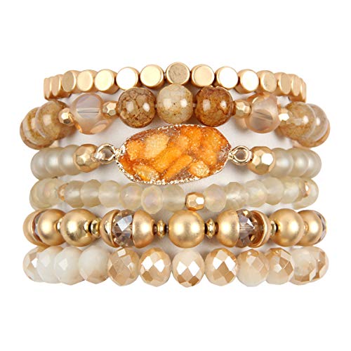 Bohemian Versatile Multi-Layer Bead Statement Bracelet - Stretch Strand Stackable Cuff Bangle Set Sparkly Crystal, Acrylic Druzy, Pave Fireball (Bohemian Oval Druzy Set - Light Brown)