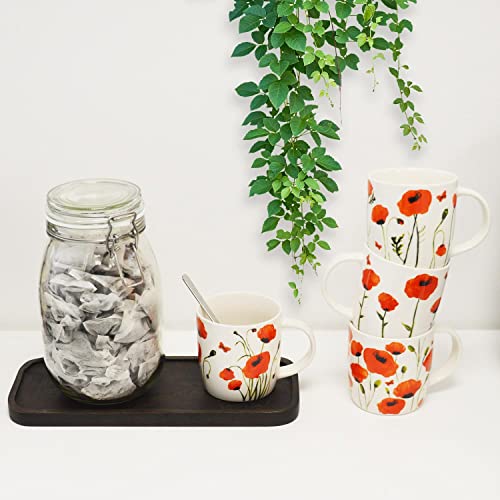 YöL Set Of 4 Poppy Floral Design Mugs New Bone China Coffee Tea Cups 350ml Home Kitchen Mug Set