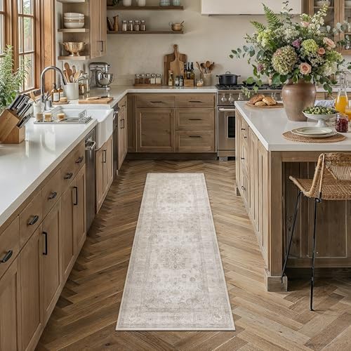 PureCozy Beige Runner Rug 2x6 Washable Carpet Hallway Kitchen Vintage Non Slip Indoor Bedroom Soft Low Pile Distressed Medallion Retro Long Throw Rug for Bathroom Laundry Office Dining Room
