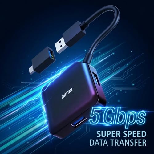 Image of Hama 4-in-1 USB 3.2 Hub - 4-Port USB-A Splitter | with USB-C Adapter, 5Gbps Fast Data Transfer, Plug & Play Expander for Laptop, MacBook, PC & Type-C Devices 5 Years Warranty