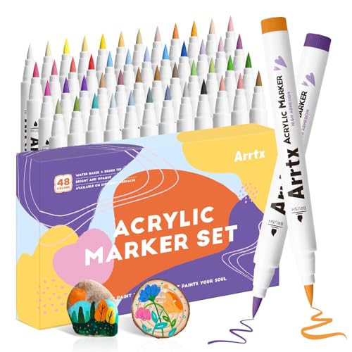 Image of Arrtx Acrylic Paint Pen - 48E Colors Acrylic Marker For Stone Painting,Brush Tip,Paint Markers,Art Supplies,Fabric Paint,Fabric Markers,Waterproof Art Markers For Stone,Glass,Eggs,Wood,Multicolor