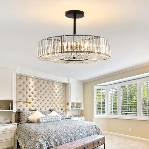 Image of Piepooye 8 Lights Modern Large Crystal Chandelier Black Round Semi Flush Mount Ceiling Light Fixture Farmhouse Chandelier for Dinning Room Living Room Bedroom Hallway Entryway Kitchen