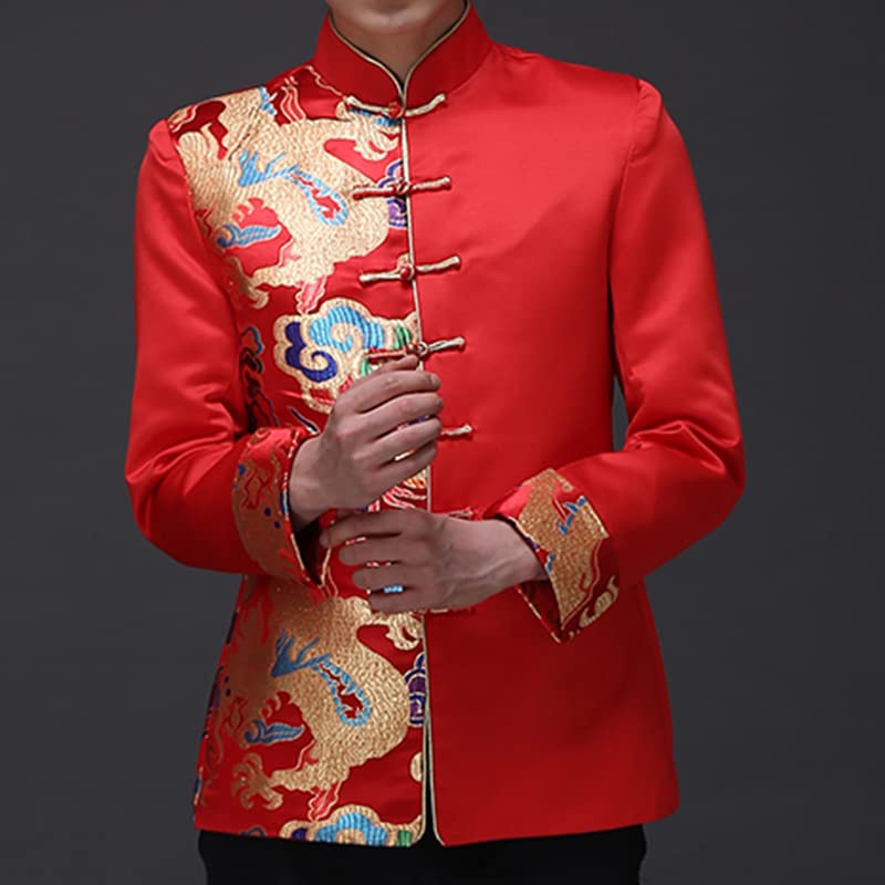 Aoleaky Dragon Pattern Jacquard Mens Red Suit Jacket Collar Traditional Chinese Men Satin Exquisite Wedding Jacket3