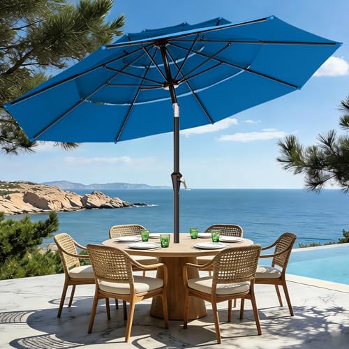 Image of AreShark 9ft 3-Tier Patio Umbrellas, Outdoor Umbrella with 8 Sturdy Ribs UV Protection Windproof, Market Table Umbrella w /Push Button Tilt & Crank for Pool, Porch, Deck, Garden(Royal Blue)