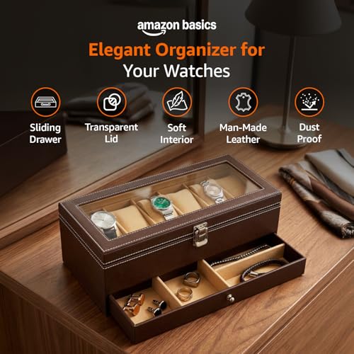 Image of Amazon Basics Sliding Drawer 6-Slot Watch and Jewelry Organizer - Faux Leather & MDF Storage Box for Men and Women, Brown