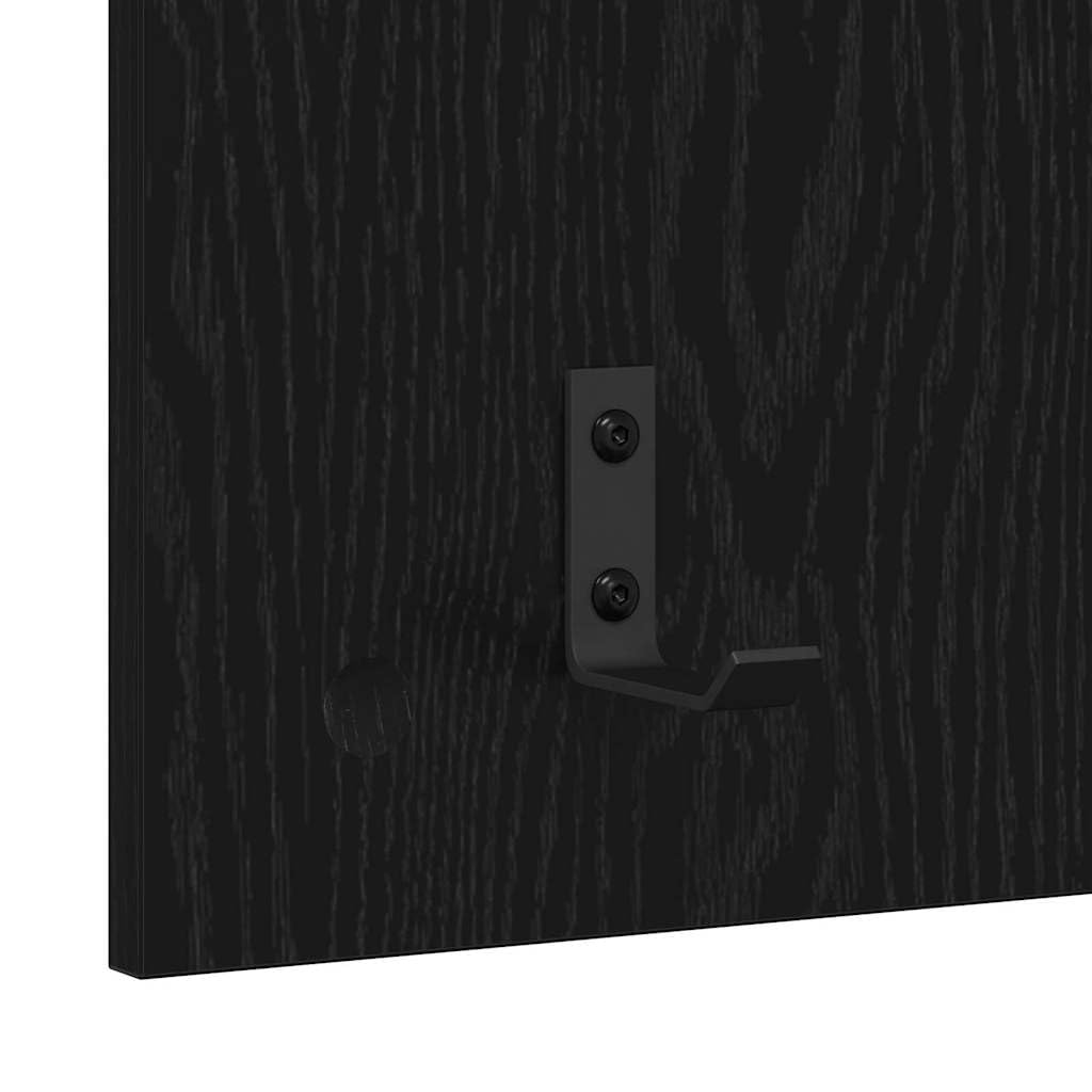 Montowany na ścianie stolik nocny o wyglądzie czarnego dębu, z materiału drewnopochodnego, 40 x 10 x 90 cm, z regałem i haczykami, zajmuje mało miejsca, do korytarza, sypialni, salonu, biura