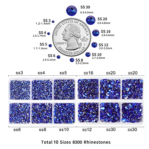 Image of Beadsland 8300PCS Flatback Rhinestones, Royal Blue Rhinestone Round Crystal Rhinestones for Crafts, Mixed 10 Sizes with Wax Pencil and Tweezer Kit, SS3-SS30, Sapphire