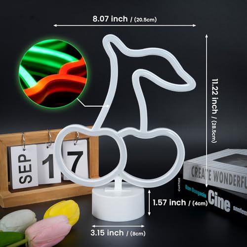 Image of Cherry Neon Sign with Base for Wall Decor Red Green Cherry Lights LED Signs Gift for Women Fruit Shape Neon Signs Cereza Birthday Party Home Living Room Decoration USB /Battery Powered