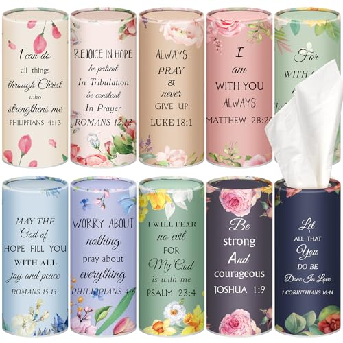Geelin 10 Pack Car Tissue Holder Christian Verses Cylinder Boxes with 3 Ply Facial Tissue Bulk Flower Round Bible Napkins Container Christian Car Accessories for Car Home Travel Prayer Church Gifts