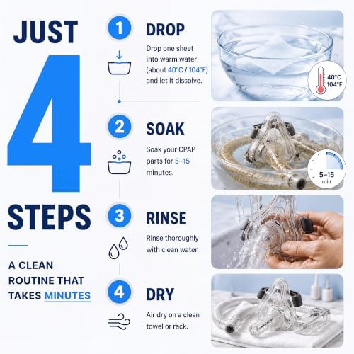CPAP 클리닝 시트 - 마스크, 튜브 및 물 챔버에 가벼움에서 중간 정도의 축적을 위한 용해 가능한 CPAP 클리너 용품 | 무향, 담그고 헹구기, 문지르지 않음 30개 — 사진 7