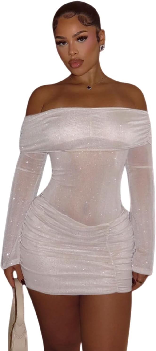 RARITYUS Women’s Off Shoulder Glitter Mini Dress Sexy Sheer Mesh Ruched Bodycon Dress Flare Long Sleeve Party Dresses