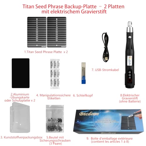 Titan Seed Phrase Backup – 2x Reine Titanplatten mit Elektroschreiber, Manipulationsschutz, Schraubsicherung & Gravurkarte – Feuerfestes Wallet Recovery Kit für Bitcoin & Krypto