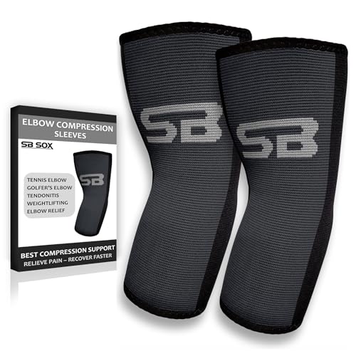 SB SOX Compression Elbow Brace (Pair) – Great Support That Stays in Place – for Tennis Elbow, Tendonitis, Arthritis, Golfers Elbow – Perfect for Weightlifting, Sports, Any Use (Black/Gray, Medium)