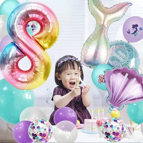Image of Mermaid Birthday Decorations Mermaid Balloons - Number 8 Balloons for Girls Under The Sea Mermaid Theme Baby Shower Birthday Favors