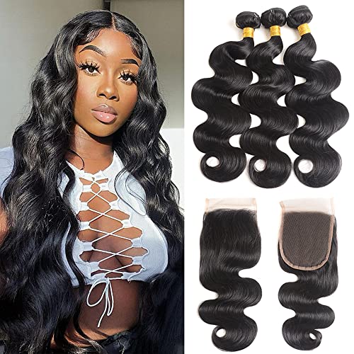 Brazilian Body Wave Human Hair 3 Bundles with Closure (16 18 20 +14 Free Part) 100% Unprocessed Human Hair Bundles with 4×4 Free Part Lace Closure Natural Black Color