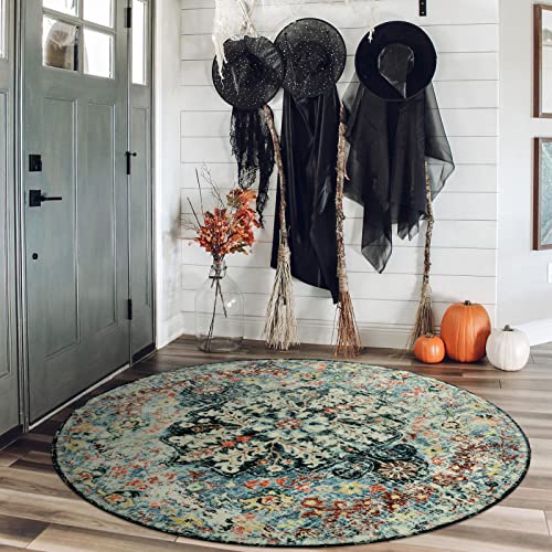 Lahome Bohemian Floral Medallion Round Rug - 4Ft Entryway Round Area Rug Soft Bathroom Circle Mat, Teal Turkish Non Slip Machine Washable Indoor Accent Carpet For Bedroom Kitchen Coffee Table #TOP6