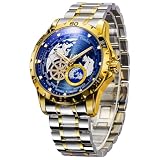 GLENAW Automatic Watches for Men, Blue Rotating Little Earth Blue Dial Men's Tourillon Mechanical Watch Luminous Hands, 3atm Waterproof Steel Strap Stopwatch (8988-Gold Case)
