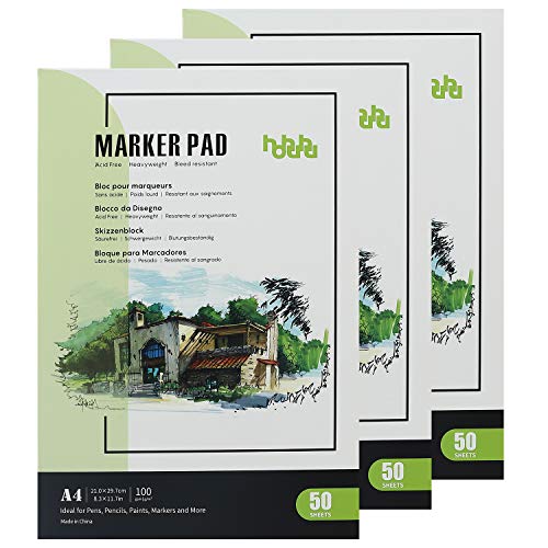 hhhouu Lot de 3 Blocs de Papier Marqueur A4 21x29.7cm de 50 Feuilles Chacune, Reliure Collée, 100 g/m², pour Enfants et Adultes, Coloriage, Dessin et Peinture HO-MPA450 Cover