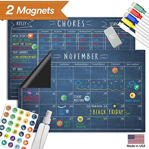 Magnetic Calendar and Menu for Fridge - 11x17 2 Pack Set - Budget Planner, Chore Chart for Kids, Grocery List Magnet Pad - Perfect for Multiple Kids (Blue)