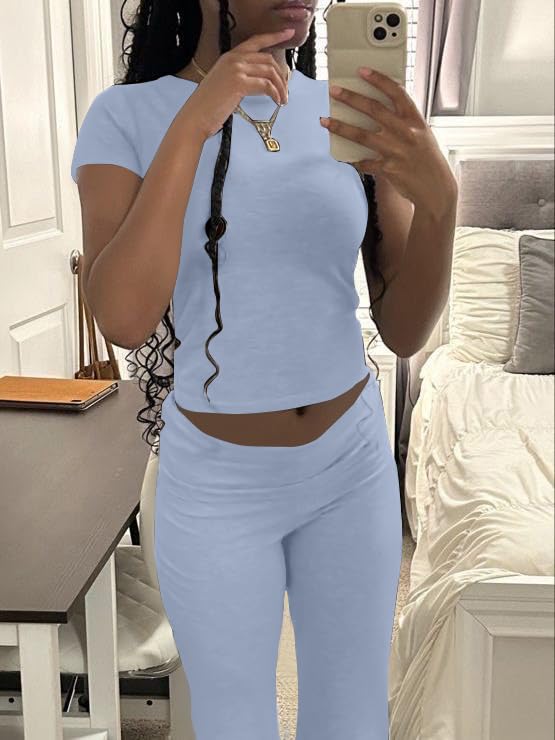 Image of AYWA Women's 2 Piece Lounge Sets Short Sleeve Crop Top Foldover Flare Pants Casual Pajama Outfits