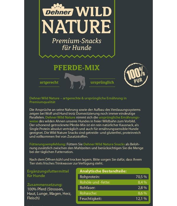 Dehner Wild Nature Hundesnack, Leckerli 100 % natürlich, Kausnack für ausgewachsene / sensible Hunde, Barf geeignet, Pferde-Mix, 300 g
