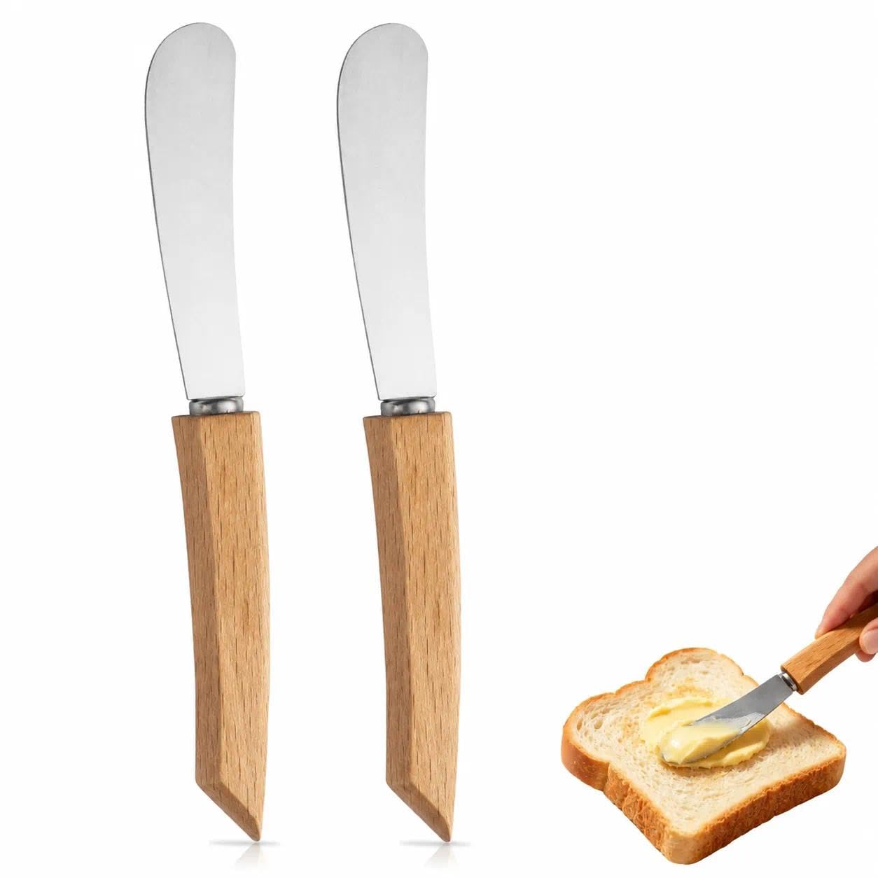 Butter Knife Set of 2, Premium Beechwood Handle Stainless Steel Knives for Spreading Butter, Jam, Cream Cheese & Soft Cheese, Wooden Spreading Knife Afternoon Tea, Toast, Sandwich & Charcuterie