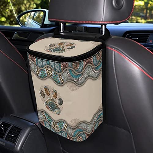 Image of Talayituse Boho Paws Print Car Trash Can with Lid, Leak Proof Auto Trash Bag Hanging Vehicle Garbage Can Multipurpose Storage Container for Back Seat Road Trip
