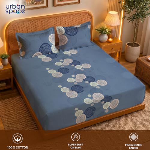Image of Urban Space Serene 300TC 100% Cotton Bedsheet for Double Bed, Panel Design Bedsheet, Printed Queen Size Bed Sheet with 2 Pillow Covers (90 x 100 Inches, Moonstone Dusty Blue)