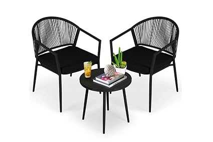 OUTLIVING Garden Patio Seating 2 Chairs and 1 Black Coffee Table Set with Cushion | Braid and Rope Outdoor Furniture Set for Balcony, Garden, Outdoor (Dark Black-Black)