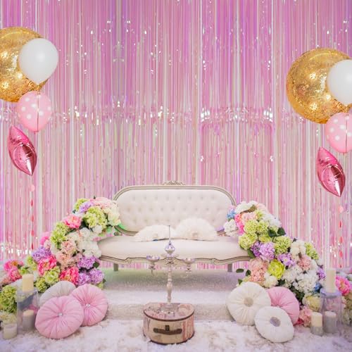 Image of Accevo 3Pack Neon Pink Party Streamers 3.2x8.2 Feet Metallic Foil Fringe Curtains Tinsel Streamers Party Decor Photo Booth for Baby Shower Birthday Wedding Christmas Valentine's Day Party Decorations