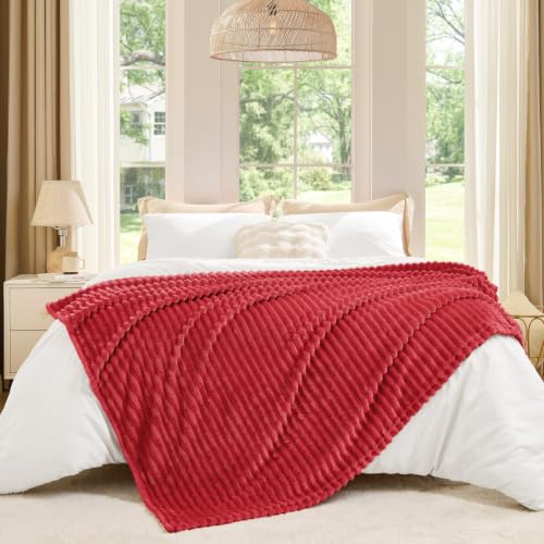 Image of BEDELITE 3D Ribbed Jacquard Red Fleece Throw Blanket for Couch, 50x70 Inch
