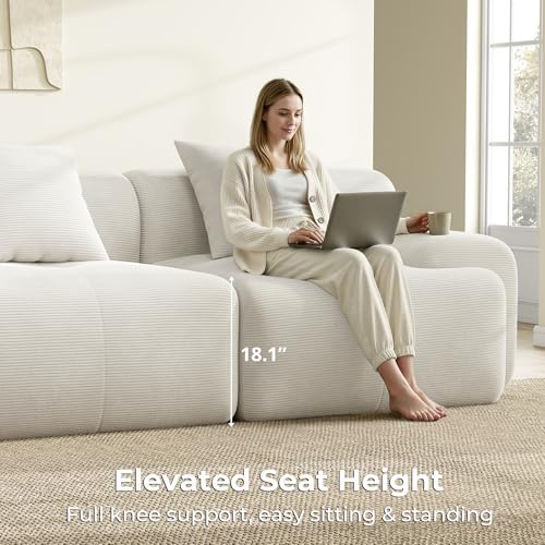 Image of LIKIMIO LumiCord Modular Sectional Sofa with Ottoman, 118 inch L-Shaped Boneless Couch for Living Room, Oversized Deep Seat with Corduroy Upholstery, No Assembly Required, Beige