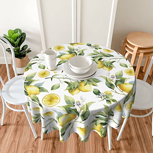 Sweetshow Lemon Tablecloth Round 60 Inch Retro Watercolor Lemon Yellow White Print Decorative Table Cloth With Dust-Proof Wrinkle Resistant Decor For Home Kitchen Dining Room Outdoor Patio #TOP5