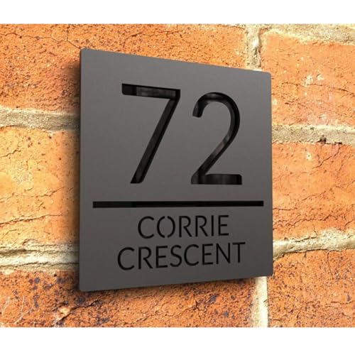 Letrero de acrílico personalizado con números de casa, placa moderna con números de casa para exteriores, placa de dirección cortada con láser, 3D, números decorativos de casa (negro y negro, 25 x 25