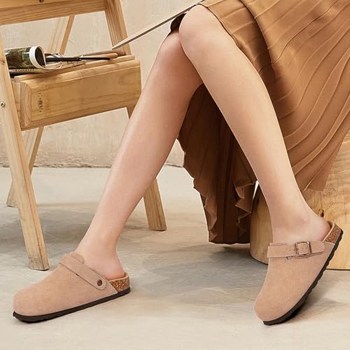KIDMI Women's Suede Clogs with Back Strap Men's Leather Mules Cork Footbed Slip on Potato Shoes2
