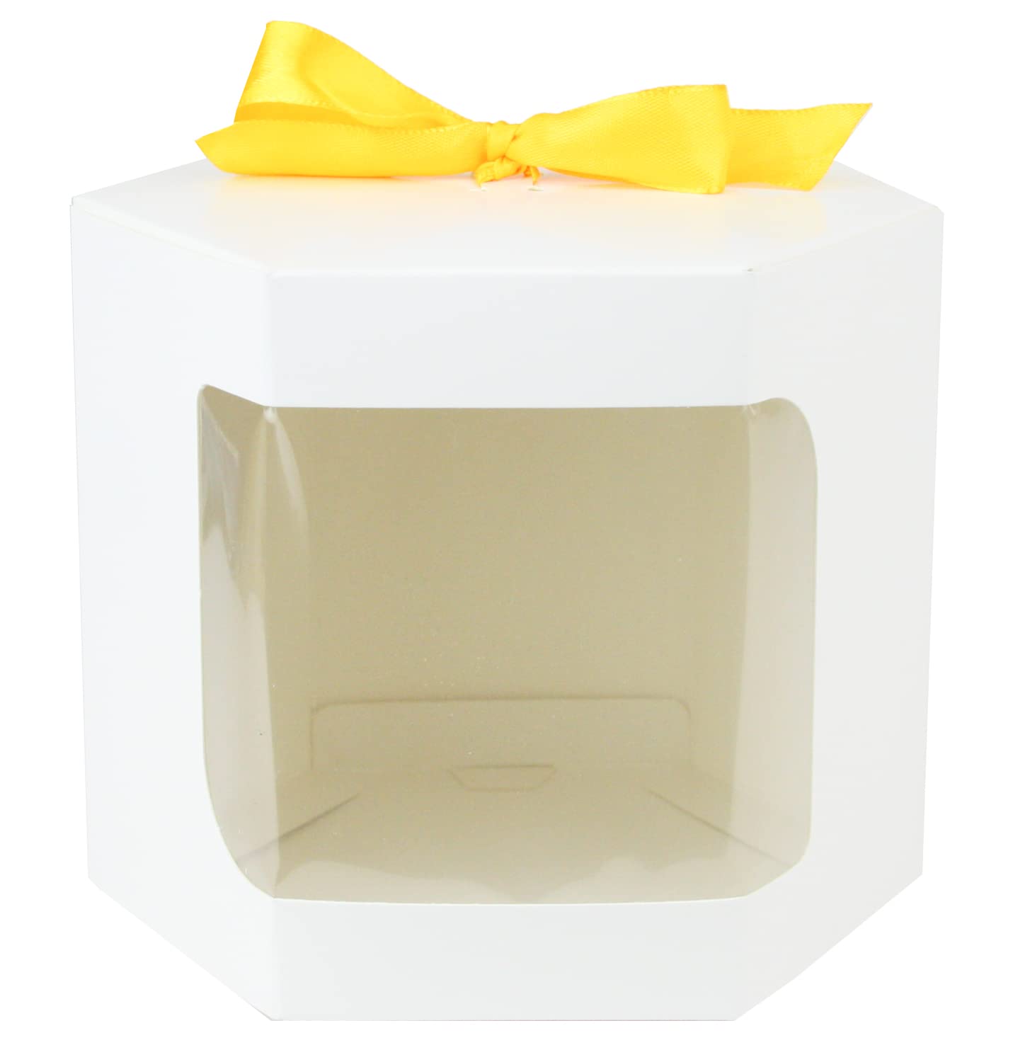 Emartbuy Strong Paper Stand Up Hexagon Gift Bag, 13 cm x 13 cm x 14 cm, White Kraft Bag Cupcakes Cookies Muffin Pie Box with Clear Window and Yellow Ribbon - Pack of 96